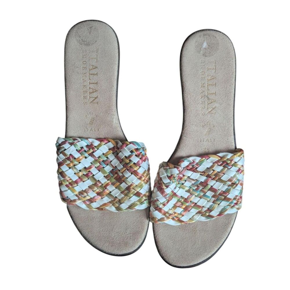 Italian Shoemakers Woven Wedge Sandals 8.5 Multi-Color Raffia Espadrille Slides